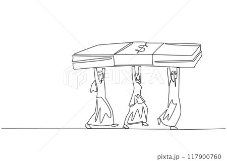 Single one line drawing group of Arab businessmen and businesswomen working together carry stack of banknotes. Make maximum use of large capital. Profit. Continuous line design graphic illustration Single one line drawing group of Arab businessmen and businesswomen working together carry stack of banknotes. Make maximum use of large capital. Profit. Continuous line design graphic illustration 117900760