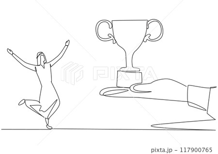 Single one line drawing young Arabian businessman happy to get the trophy from the giant hand. Received a prestigious award. Pride. Expand company. Success. Continuous line design graphic illustration Single one line drawing young Arabian businessman happy to get the trophy from the giant hand. Received a prestigious award. Pride. Expand company. Success. Continuous line design graphic illustration 117900765