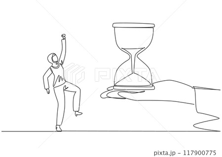 Single one line drawing Arabian businesswoman excited to get the hourglass from the giant hand. Challenge. Completed a lot of work before the deadline. Continuous line design graphic illustration 117900775