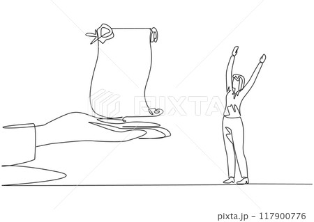 Single one line drawing businesswoman was excited to get roll of stamped paper from the giant hand. A testament for the progress of the company. Important. Continuous line design graphic illustration 117900776