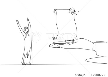 Continuous one line drawing Arabian businessman was excited to get roll of stamped paper from the giant hand. Priceless gift. Old way. Increasing income. Single line draw design vector illustration 117900777