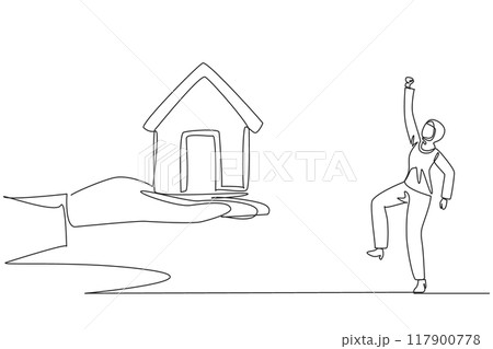 Continuous one line drawing Arab businesswoman excited to get miniature house from giant hand. Challenges need to be better. Investment as well as property. Single line draw design vector illustration 117900778