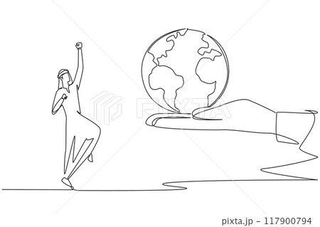 Single continuous line drawing Arabian businessman is excited to get the globe from giant hand. Good news. Dissemination of profits achieved. Expand profits. Pride. One line design vector illustration 117900794