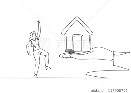 Single one line drawing businesswoman was excited to get a miniature house from giant hand. Hard work gets comparable results. Trusted to place a new house. Continuous line design graphic illustration 117900795