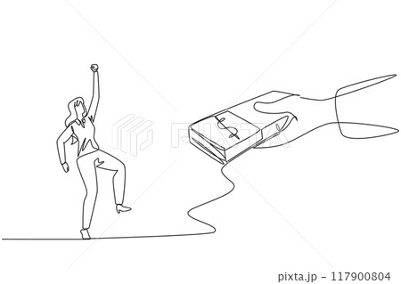 Single continuous line drawing the businesswoman was excited to get a stack of banknotes from the giant hand. The best employees get the best bonuses. Encourager. One line design vector illustration Single continuous line drawing the businesswoman was excited to get a stack of banknotes from the giant hand. The best employees get the best bonuses. Encourager. One line design vector illustration 117900804