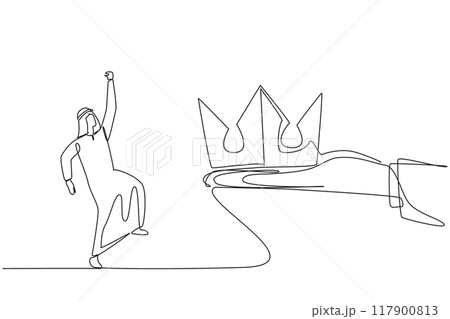 Single continuous line drawing Arabian businessman happy to get the crown from the giant hand. Symbol of the royal throne. Successor to the success of the company. One line design vector illustration 117900813