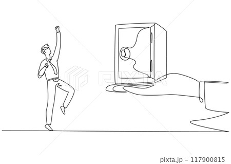 Single continuous line drawing the businessman was excited to get a safe deposit box from a giant hand. Important gift. It's very useful to keep important things. One line design vector illustration Single continuous line drawing the businessman was excited to get a safe deposit box from a giant hand. Important gift. It's very useful to keep important things. One line design vector illustration 117900815