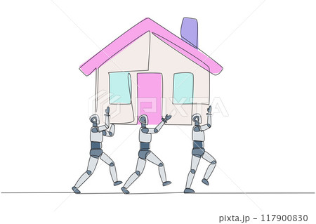 Single one line drawing group of robots work together carrying a miniature house. Architect robot. Design and build a house. Double profit. Technology. Continuous line design graphic illustration 117900830