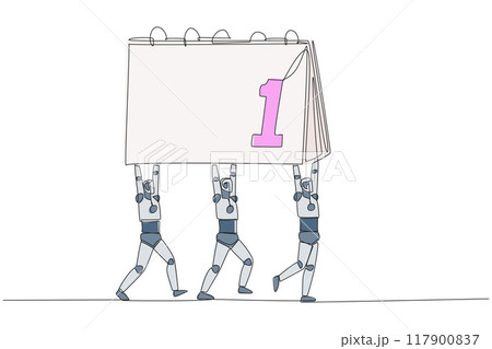Continuous one line drawing a group of robots work together carrying a desk calendar. Able to manage schedule. Perfect artificial intelligence. Technology. Single line draw design vector illustration 117900837