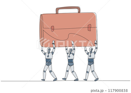 Single continuous line drawing group of robots work together carrying a briefcase. Test artificial intelligence. Introduction to business bags. Technology concept. One line design vector illustration 117900838