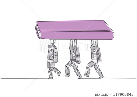 Continuous one line drawing a group of astronauts work together carrying a book. Interesting story of a space expedition. Memory. Cosmonaut. Outer space. Single line draw design vector illustration 117900843