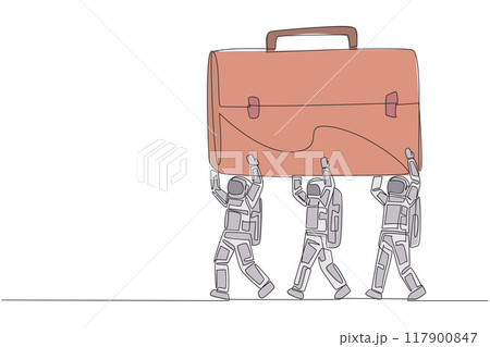 Single one line drawing a group of astronauts work together carrying a briefcase. Light leather material. Easy to carry during space missions. Spaceman. Continuous line design graphic illustration 117900847