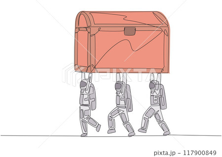 Single one line drawing group of astronauts work together carrying treasure chest. Valuable discoveries from the moon. Invaluable. Fun expedition. Spaceman. Continuous line design graphic illustration Single one line drawing group of astronauts work together carrying treasure chest. Valuable discoveries from the moon. Invaluable. Fun expedition. Spaceman. Continuous line design graphic illustration 117900849