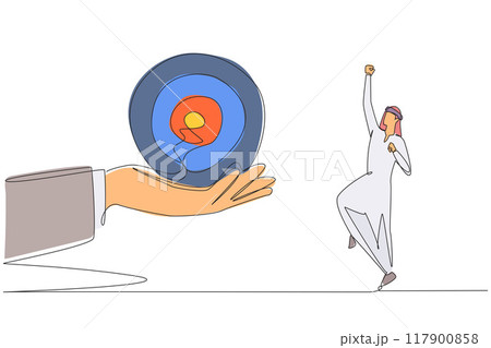 Single one line drawing Arab businessman was excited to get the arrow target board from a giant hand. Makes it easier to focus. Achieve targets optimally. Continuous line design graphic illustration Single one line drawing Arab businessman was excited to get the arrow target board from a giant hand. Makes it easier to focus. Achieve targets optimally. Continuous line design graphic illustration 117900858
