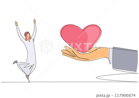 Single one line drawing young Arabian businessman is happy to get love from the giant hand. Amazing support from loved ones. Reach the peak of the career. Continuous line design graphic illustration 117900874