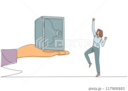 Single continuous line drawing the businesswoman was excited to get a safe deposit box from a giant hand. Obtain important documents. Transfer of company ownership. One line design vector illustration 117900883