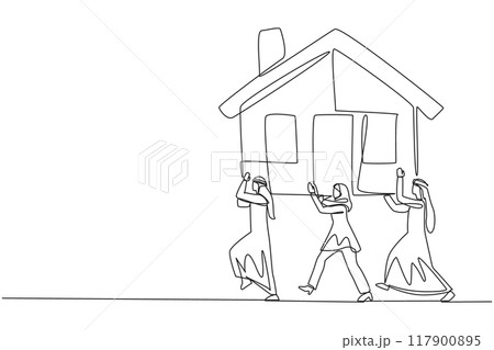 Single one line drawing group of Arab businessmen and Arab businesswomen work together carry miniature house. Profitable property investment in the future. Continuous line design graphic illustration 117900895