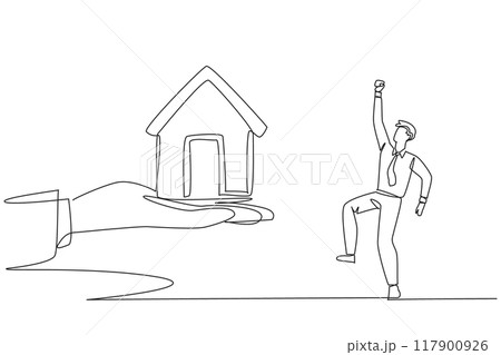 Single continuous line drawing businessman was excited to get a miniature house from the giant hand. Important prize. Proud achievement. Home bonus is a dream. One line design vector illustration 117900926