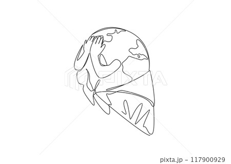 Single one line drawing the globe becomes melting ice cream cone. The heat of the earth makes the ice melt and drip quickly. The concept of a warming earth. Continuous line design graphic illustration Single one line drawing the globe becomes melting ice cream cone. The heat of the earth makes the ice melt and drip quickly. The concept of a warming earth. Continuous line design graphic illustration 117900929