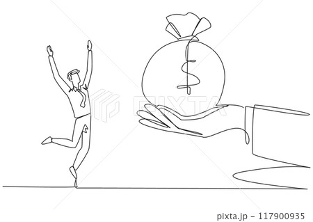 Continuous one line drawing businessman was excited to get money bag from giant hand. Important prize. Smart work that brings benefits. Get company income. Single line draw design vector illustration 117900935
