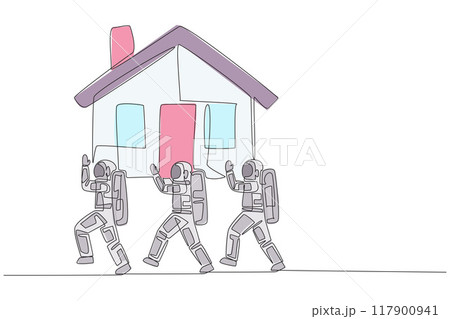 Single one line drawing group of astronauts work together carrying a miniature house. Investment in home property. Very profitable in the future. Cosmonaut. Continuous line design graphic illustration 117900941