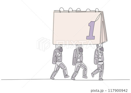Single continuous line drawing a group of astronauts work together carrying a desk calendar. Reschedule the space expedition. Looking for a match. Cosmonaut space. One line design vector illustration Single continuous line drawing a group of astronauts work together carrying a desk calendar. Reschedule the space expedition. Looking for a match. Cosmonaut space. One line design vector illustration 117900942