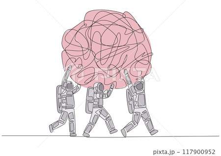Continuous one line drawing group of astronauts work together carrying heavy messy circle. Entertain. Eliminates anxiety. No stress. Cosmonaut outer space. Single line draw design vector illustration Continuous one line drawing group of astronauts work together carrying heavy messy circle. Entertain. Eliminates anxiety. No stress. Cosmonaut outer space. Single line draw design vector illustration 117900952