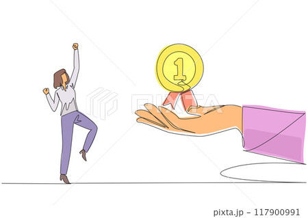 Single continuous line drawing businesswoman was happy to get reward medal from giant hand. Recognition for all hard work. Paid off. The best employee of the year. One line design vector illustration Single continuous line drawing businesswoman was happy to get reward medal from giant hand. Recognition for all hard work. Paid off. The best employee of the year. One line design vector illustration 117900991