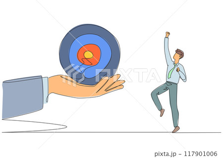 Single continuous line drawing the businessman was excited to get the arrow target board from a giant hand. Get an exciting challenge. Focus on completing on time. One line design vector illustration 117901006