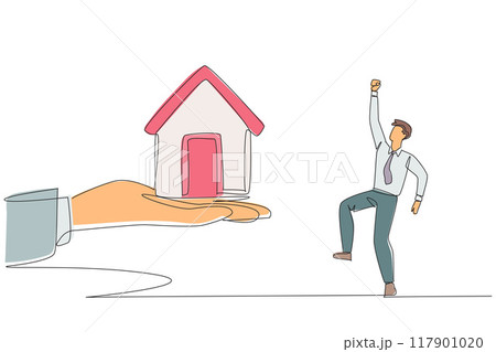 Single continuous line drawing businessman was excited to get a miniature house from the giant hand. Important prize. Proud achievement. Home bonus is a dream. One line design vector illustration 117901020