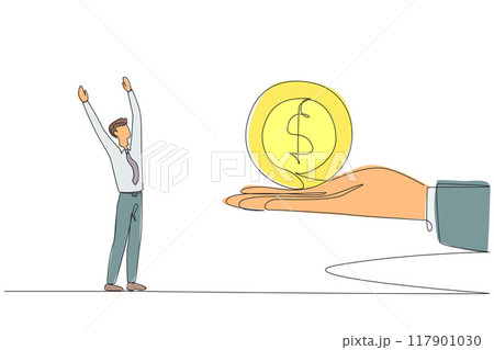 Continuous one line drawing the businessman is excited to get a dollar symbol coin from a giant hand. The most important gift. Can be used for urgent needs. Single line draw design vector illustration 117901030