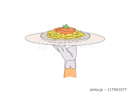 Single continuous line drawing the waiter holds a food tray serving spaghetti. A type of pasta that is long, thin and resembles noodles. Typical Italian food. One line design vector illustration 117901077