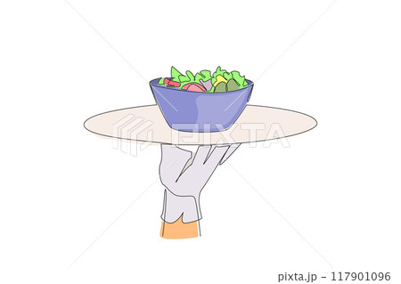 Single continuous line drawing the waiter holds a food tray serving salad. Greek salad. Fresh fruit slices. Served on a bowl. Served cold is more delicious. Tasty. One line design vector illustration Single continuous line drawing the waiter holds a food tray serving salad. Greek salad. Fresh fruit slices. Served on a bowl. Served cold is more delicious. Tasty. One line design vector illustration 117901096