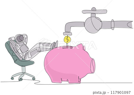 Continuous one line drawing astronaut sit relax on chair to see money faucet flow into savings piggy bank. Donations continue to flow. Cosmonaut deep space. Single line draw design vector illustration 117901097