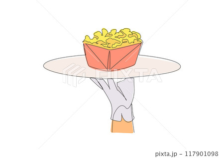 Single continuous line drawing the waiter holds a food tray serving popcorn. Made from popcorn. Avoid aging. Friends when watching movie. Has a salty taste. Snacks One line design vector illustration Single continuous line drawing the waiter holds a food tray serving popcorn. Made from popcorn. Avoid aging. Friends when watching movie. Has a salty taste. Snacks One line design vector illustration 117901098