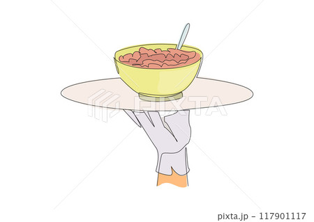 Single continuous line drawing the waiter holds a food tray serving cereal. Foods usually eaten for breakfast. Served with fresh milk. Tasty. Delicious. Filling. One line design vector illustration Single continuous line drawing the waiter holds a food tray serving cereal. Foods usually eaten for breakfast. Served with fresh milk. Tasty. Delicious. Filling. One line design vector illustration 117901117