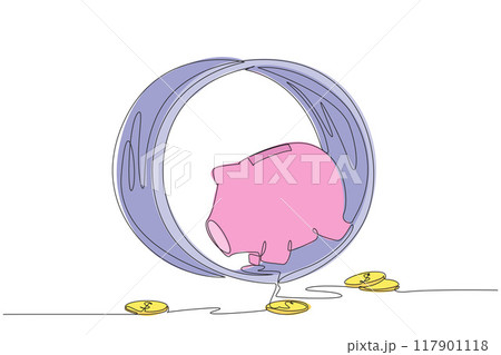 Single continuous line drawing piggy bank runs on the running wheel. The coins are scattered. Repetitive routine. Spending a lot of money. No calculations. Debt. One line design vector illustration Single continuous line drawing piggy bank runs on the running wheel. The coins are scattered. Repetitive routine. Spending a lot of money. No calculations. Debt. One line design vector illustration 117901118