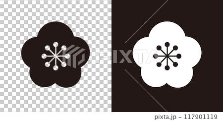 かわいい和風の梅の花のアイコン＿家紋風＿白黒 117901119