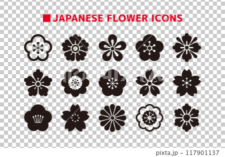 Traditional Japanese flower icon set, set of illustrations of black family crest style floral patterns 117901137