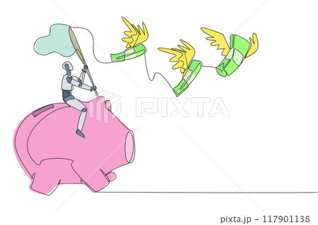 Single continuous line drawing a robot riding piggy bank catch flying banknotes. Financial crisis. Artificial intelligence detects other profit money. Technology. One line design vector illustration Single continuous line drawing a robot riding piggy bank catch flying banknotes. Financial crisis. Artificial intelligence detects other profit money. Technology. One line design vector illustration 117901138