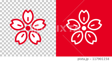 Simple Japanese-style cherry blossom petal line icon _ Family crest style _ Red and white 117901158