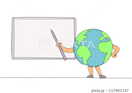 Single one line drawing globe holds a stick while pointing towards the blackboard. Explain the announcement of protecting the earth from the white board. Continuous line design graphic illustration Single one line drawing globe holds a stick while pointing towards the blackboard. Explain the announcement of protecting the earth from the white board. Continuous line design graphic illustration 117901187