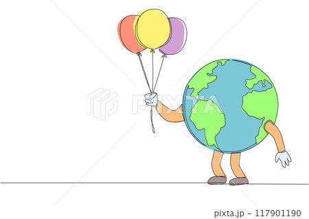 Continuous one line drawing globe holds several balloons. The clean air of the earth brings joy to everyone. Take care of the earth wherever and whenever. Single line draw design vector illustration Continuous one line drawing globe holds several balloons. The clean air of the earth brings joy to everyone. Take care of the earth wherever and whenever. Single line draw design vector illustration 117901190