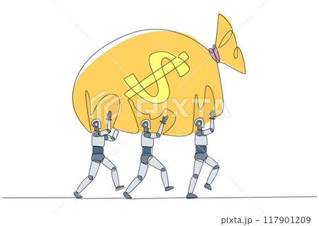 Single one line drawing a group of robots work together to carrying money bag. Solid cooperation provides many benefits. Technology artificial intelligence. Continuous line design graphic illustration 117901209