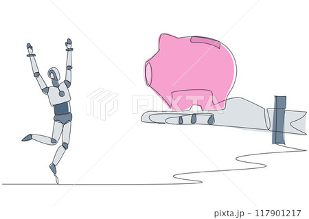 Single one line drawing a robot happy to get a piggy bank from giant hand. Invest in algorithm testing. Artificial intelligence is increasing. Future tech. Continuous line design graphic illustration Single one line drawing a robot happy to get a piggy bank from giant hand. Invest in algorithm testing. Artificial intelligence is increasing. Future tech. Continuous line design graphic illustration 117901217