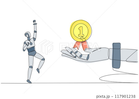 Continuous one line drawing a smart robot was happy to get medal award from giant hand. Win the competition. Interesting achievement. Future technology. Single line draw design vector illustration Continuous one line drawing a smart robot was happy to get medal award from giant hand. Win the competition. Interesting achievement. Future technology. Single line draw design vector illustration 117901238