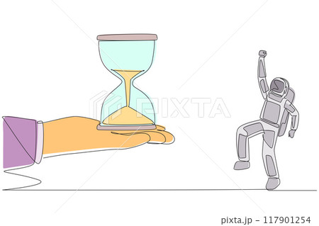 Single continuous line drawing astronaut excited to get the hourglass from the giant hand. The time has come. It's time to return to earth. Very happy. Cosmonaut. One line design vector illustration 117901254