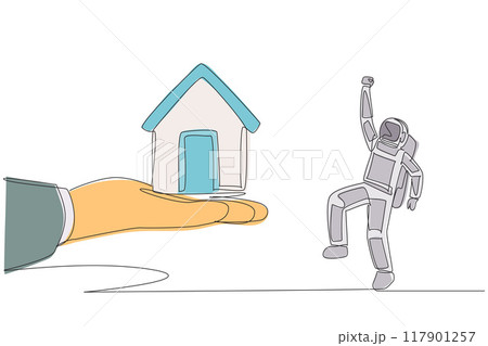 Continuous one line drawing the astronaut excited to get a miniature house from giant hand. The astronaut arrives back home. Rest. Cosmonaut outer space. Single line draw design vector illustration 117901257
