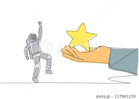 Continuous one line drawing astronaut was happy to get a star from the giant hand. Achieving dreams. An extraordinary success for an astronaut. Cosmonaut. Single line draw design vector illustration 117901259