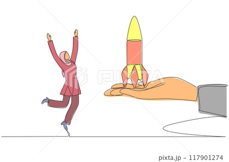 Continuous one line drawing Arabian businesswoman happy to get rocket from a giant hand. Prestigious achievement. Rapid business profits. Brilliant career. Single line draw design vector illustration Continuous one line drawing Arabian businesswoman happy to get rocket from a giant hand. Prestigious achievement. Rapid business profits. Brilliant career. Single line draw design vector illustration 117901274
